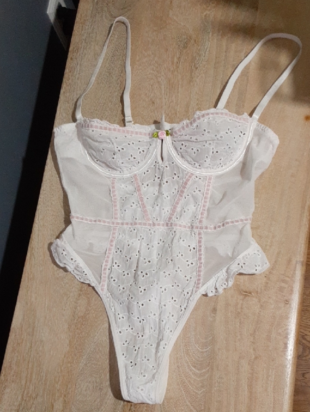 PrettyLittleThing White Eyelet Lace Bodysuit with Pink Trim